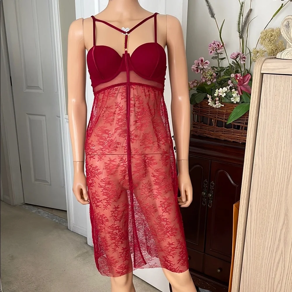 Vintage Victoria’s Secret Lace Bustier Open Chemise in Scarlet Red